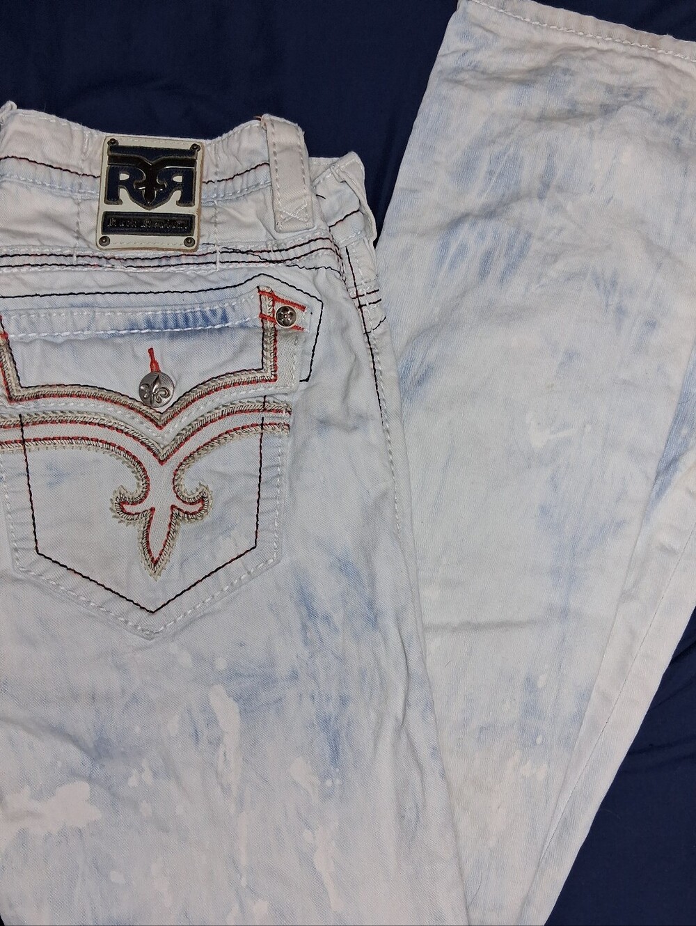 Men's Rock Revival Alternative Straight Jeans –Size 34/34 Distressed Acid Wash